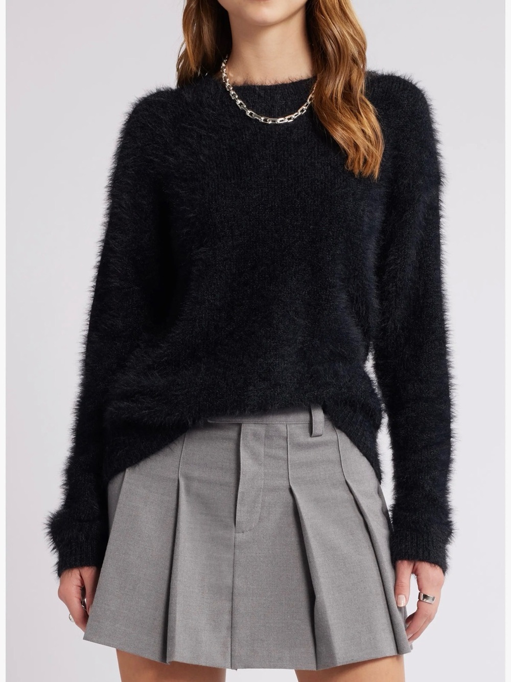 NWT Open Edit Cozy Black Fuzzy Crewneck Sweater